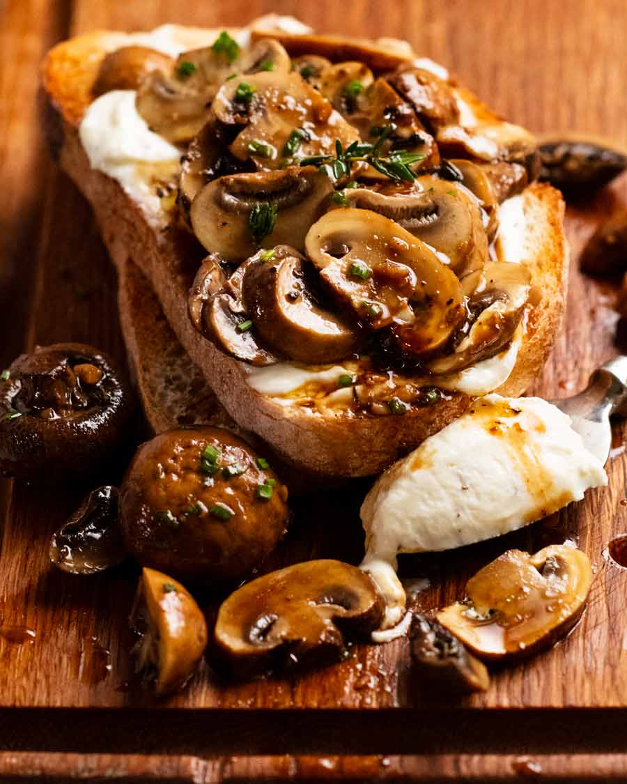Balsamic marinated mushrooms on toast with goats cheese