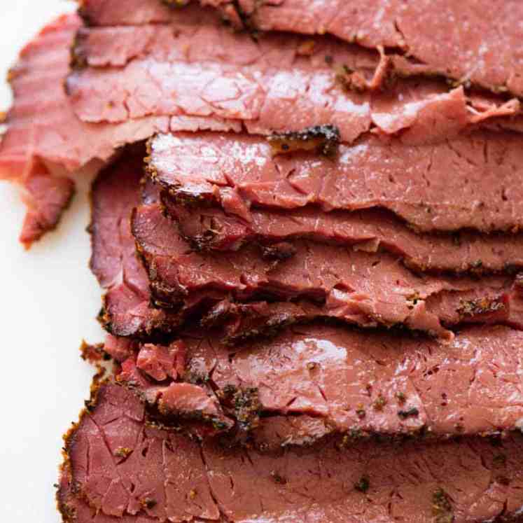 Slices of homemade pastrami