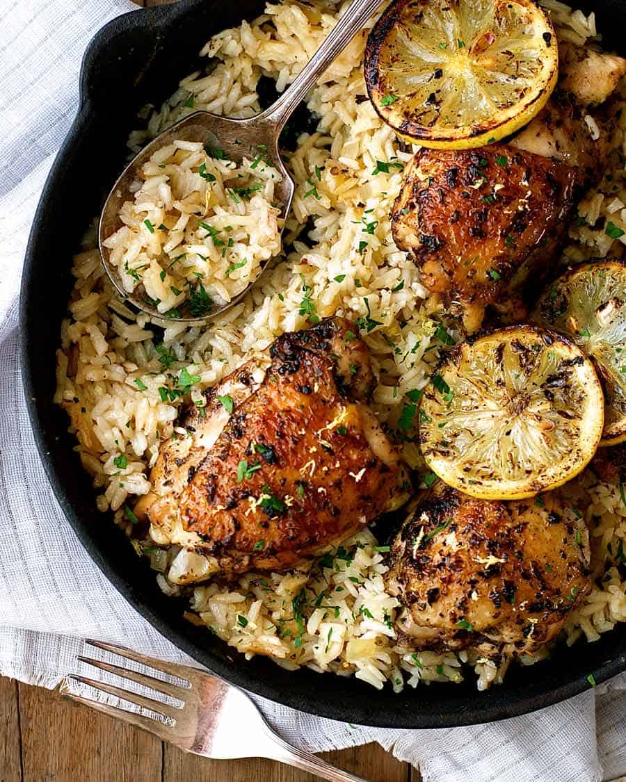Overhead photo of One Pot Greek Chicken and Lemon Rice - the BEST chicken and rice recipe in the world!