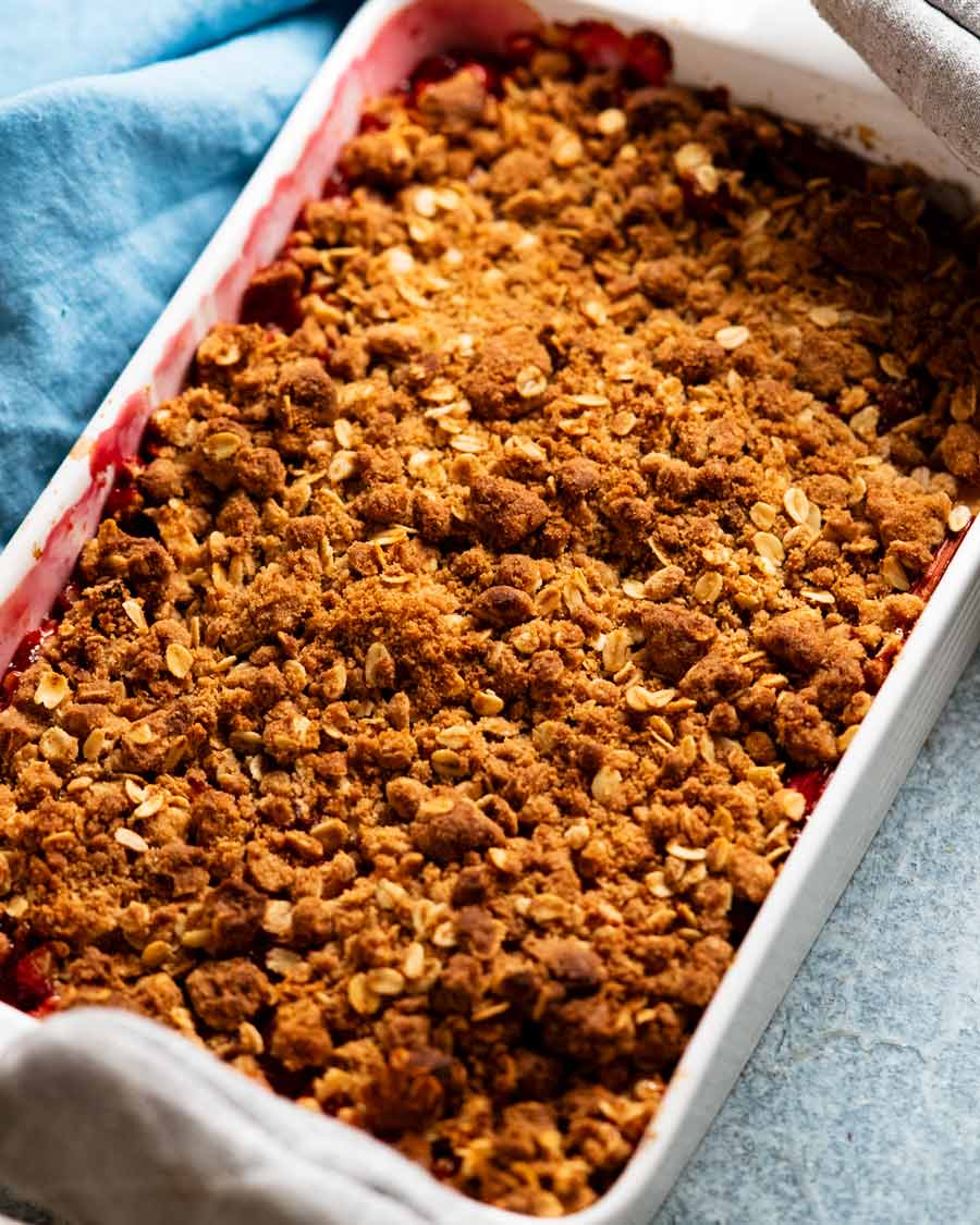 Freshly made dish of Rhubarb crumble with apple