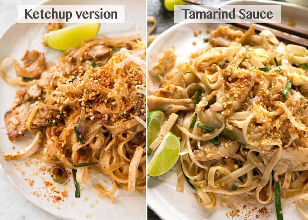 A comparison of Pad Thai made using a Tamarind sauce and a ketchup sauce.